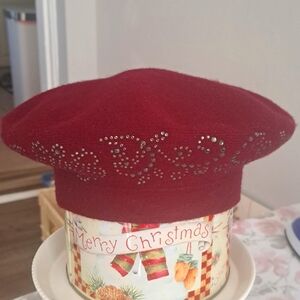 LADYBRO Rhinestone Burgundy Beret hat for Women 2 layers Wool French Hat NWT